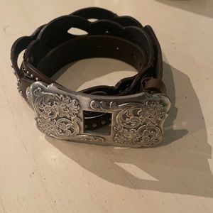 Brown Leather Western Belt with Ornate Silver Buckle